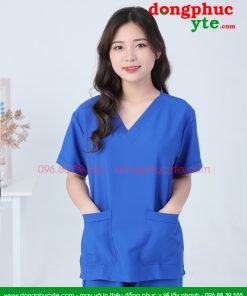 Bộ scrubs blouse phẫu thuật nữ xanh dương - bộ quần áo cổ tim đồng phục bện viện, thẩm mỹ viện, spa
