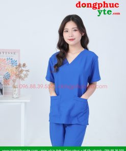 Bộ scrubs blouse phẫu thuật nữ xanh dương - bộ quần áo cổ tim đồng phục bện viện, thẩm mỹ viện, spa