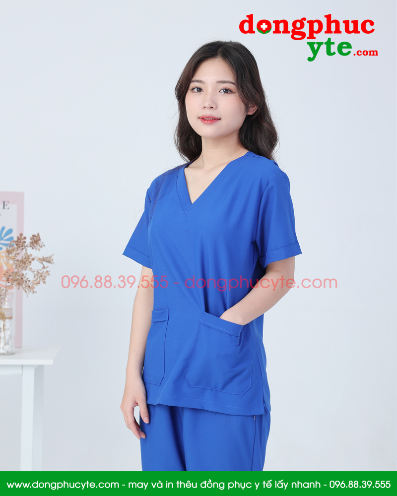 Bộ scrubs blouse phẫu thuật nữ xanh dương - bộ quần áo cổ tim đồng phục bện viện, thẩm mỹ viện, spa