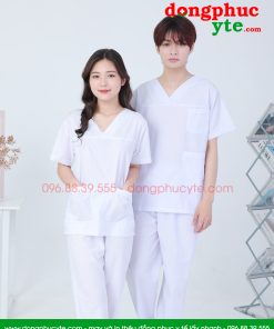 Áo blouse trắng cổ tim phẫu thuật nam nữ cộc tay - áo blu trắng bác sĩ, y tá, dược sĩ cổ tim nam nữ