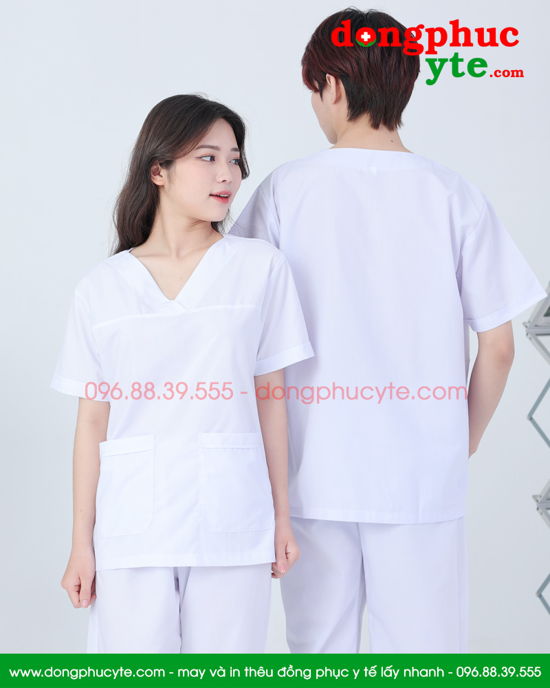 Áo blouse trắng cổ tim phẫu thuật nam nữ cộc tay - áo blu trắng bác sĩ, y tá, dược sĩ cổ tim nam nữ