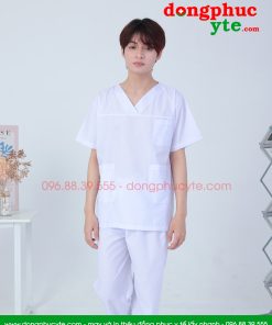 Áo blouse trắng cổ tim phẫu thuật nam nữ cộc tay - áo blu trắng bác sĩ, y tá, dược sĩ cổ tim nam nữ