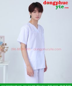 Áo blouse trắng cổ tim phẫu thuật nam nữ cộc tay - áo blu trắng bác sĩ, y tá, dược sĩ cổ tim nam nữ