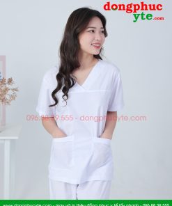 Áo blouse trắng cổ tim phẫu thuật nam nữ cộc tay - áo blu trắng bác sĩ, y tá, dược sĩ cổ tim nam nữ