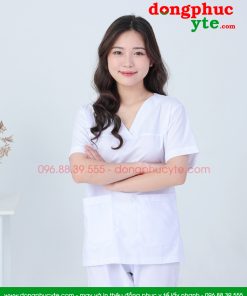 Áo blouse trắng cổ tim phẫu thuật nam nữ cộc tay - áo blu trắng bác sĩ, y tá, dược sĩ cổ tim nam nữ