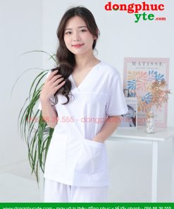 Áo blouse trắng cổ tim phẫu thuật nam nữ cộc tay - áo blu trắng bác sĩ, y tá, dược sĩ cổ tim nam nữ