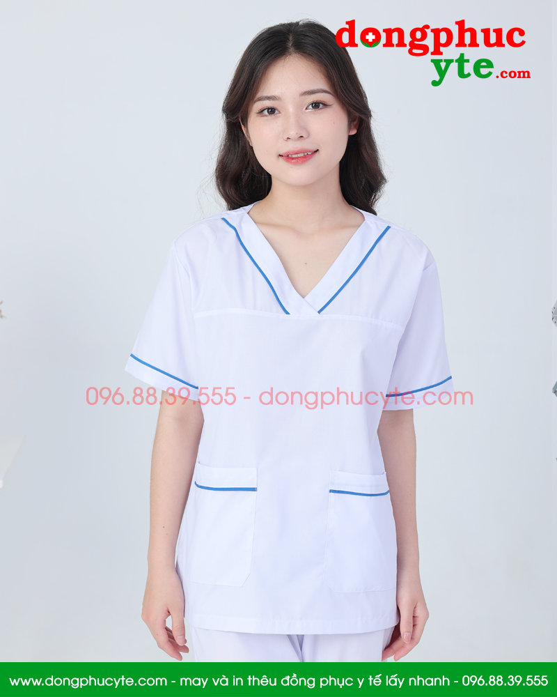 Bộ blouse cổ tim nam nữ cộc tay - bộ scrubs trắng cỗ chữ V cho bác sỹ, điều dưỡng, dược sỹ
