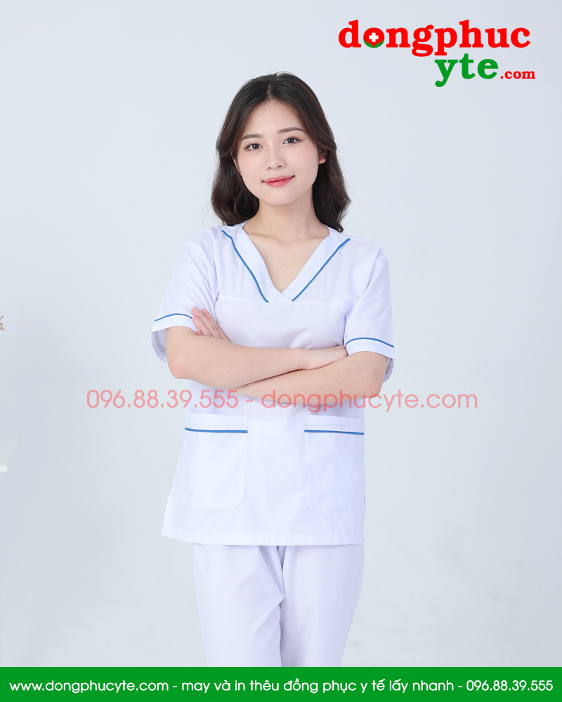 Bộ blouse cổ tim nam nữ cộc tay - bộ scrubs trắng cỗ chữ V cho bác sỹ, điều dưỡng, dược sỹ
