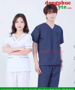 Bộ blouse cổ tim nam nữ cộc tay - bộ scrubs trắng cỗ chữ V cho bác sỹ, điều dưỡng, dược sỹ