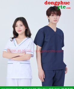 Bộ blouse cổ tim nam nữ cộc tay - bộ scrubs trắng cỗ chữ V cho bác sỹ, điều dưỡng, dược sỹ