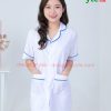 Áo blouse trắng điều dưỡng nữ cộc tay có viền xanh dương- áo điều dưỡng, y tá