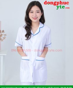 Áo blouse trắng điều dưỡng nữ cộc tay có viền xanh dương- áo điều dưỡng, y tá