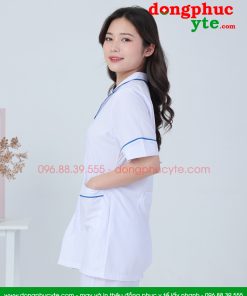 Áo blouse trắng điều dưỡng nữ cộc tay có viền xanh dương- áo điều dưỡng, y tá