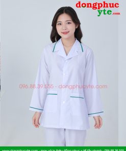 Áo blouse trắng điều dưỡng, y tá nữ dài tay - Áo điều dưỡng nữ có viền xanh ngọc
