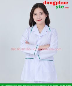 Áo blouse trắng điều dưỡng, y tá nữ dài tay - Áo điều dưỡng nữ có viền xanh ngọc