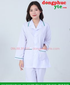 Áo blouse trắng điều dưỡng, y tá nữ dài tay - Áo điều dưỡng nữ có viền xanh ngọc