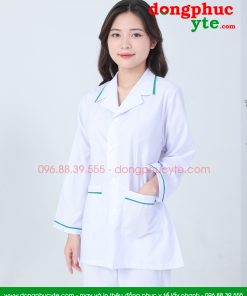 Áo blouse trắng điều dưỡng, y tá nữ dài tay - Áo điều dưỡng nữ có viền xanh ngọc