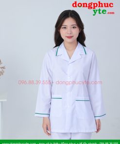 Áo blouse trắng điều dưỡng, y tá nữ dài tay - Áo điều dưỡng nữ có viền xanh ngọc