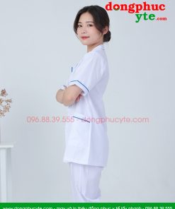 Áo blouse trắng điều dưỡng nữ cộc tay có viền xanh dương- áo điều dưỡng, y tá