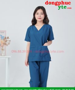 Bộ scrubs cổ tim nữ màu xanh sẫm cao cấp