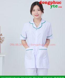 Áo blouse trắng điều dưỡng, y tá nữ cộc tay – Áo điều dưỡng nữ có viền xanh ngọc