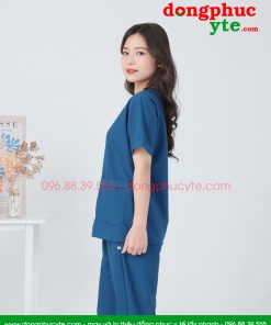 Bộ scrubs cổ tim nữ màu xanh sẫm cao cấp