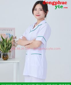 Áo blouse trắng điều dưỡng, y tá nữ cộc tay – Áo điều dưỡng nữ có viền xanh ngọc