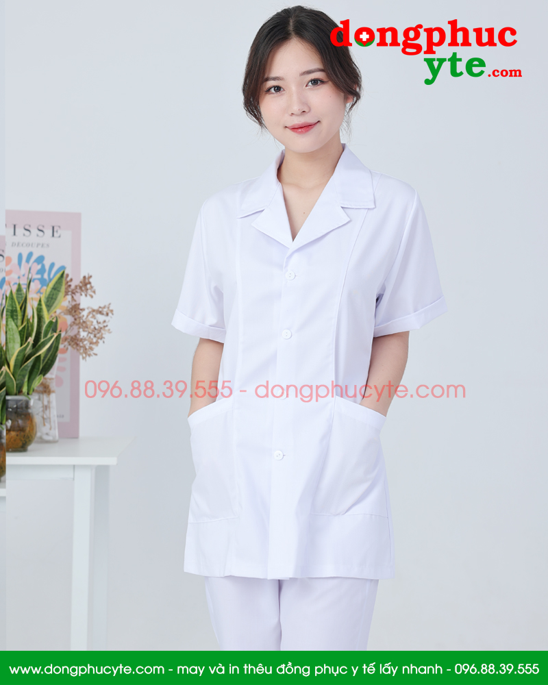 Áo blouse trắng nam nữ cộc tay, dài tay cho dược sĩ, điều dưỡng, y tá