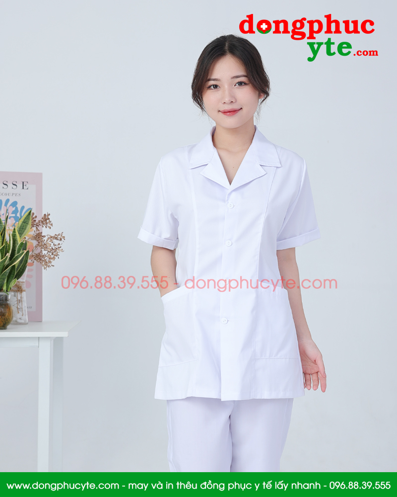 Áo blouse trắng nam nữ cộc tay, dài tay cho dược sĩ, điều dưỡng, y tá