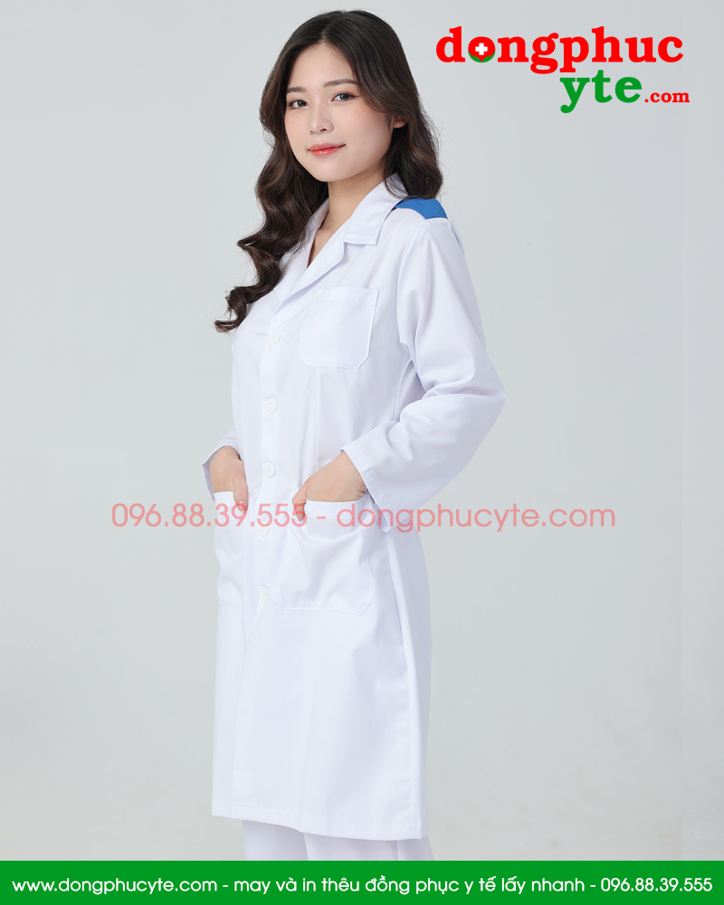 Áo blouse trắng thực tập sinh - Áo choàng bác sĩ có cầu vai nam nữ dáng dài