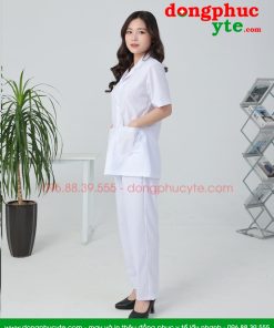 Áo blouse trắng nam nữ cộc tay, dài tay dáng ngắn cho dược sĩ, điều dưỡng, y tá