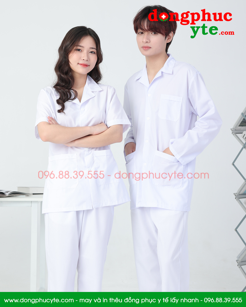 Áo blouse trắng nam nữ cộc tay, dài tay dáng ngắn cho dược sĩ, điều dưỡng, y tá