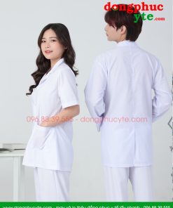 Áo blouse trắng nam nữ cộc tay, dài tay dáng ngắn cho dược sĩ, điều dưỡng, y tá