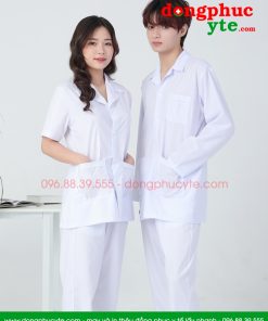Áo blouse trắng nam nữ cộc tay, dài tay dáng ngắn cho dược sĩ, điều dưỡng, y tá