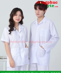 Áo blouse trắng nam nữ cộc tay, dài tay dáng ngắn cho dược sĩ, điều dưỡng, y tá
