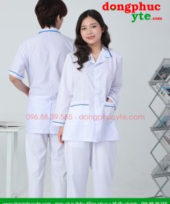 Áo blouse trắng nam nữ cộc tay, dài tay - áo blouse có viền xanh dương