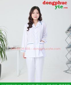 Áo blouse trắng nam nữ cộc tay, dài tay - áo blouse có viền xanh dương