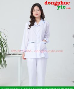 Áo blouse trắng nam nữ cộc tay, dài tay - áo blouse có viền xanh dương