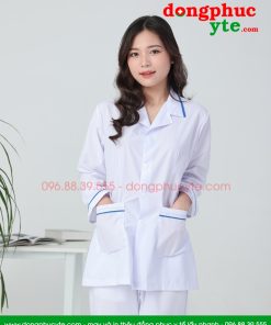 Áo blouse trắng nam nữ cộc tay, dài tay - áo blouse có viền xanh dương