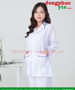 Áo blouse trắng nam nữ cộc tay, dài tay - áo blouse có viền xanh dương