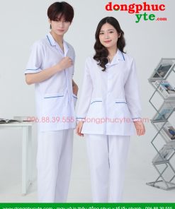 Áo blouse trắng nam nữ cộc tay, dài tay - áo blouse có viền xanh dương