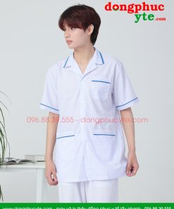 Áo blouse trắng nam nữ cộc tay, dài tay - áo blouse có viền xanh dương