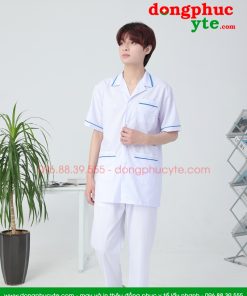 Áo blouse trắng nam nữ cộc tay, dài tay - áo blouse có viền xanh dương