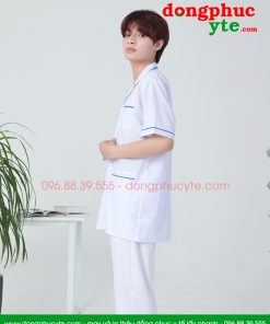 Áo blouse trắng nam nữ cộc tay, dài tay - áo blouse có viền xanh dương
