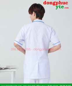 Áo blouse trắng nam nữ cộc tay, dài tay - áo blouse có viền xanh dương