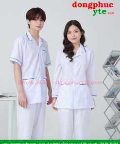 Áo blouse trắng nam nữ cộc tay, dài tay - áo blouse có viền xanh dương
