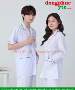 Áo blouse trắng nam nữ cộc tay, dài tay - áo blouse có viền xanh dương