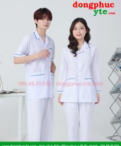 Áo blouse trắng nam nữ cộc tay, dài tay - áo blouse có viền xanh dương