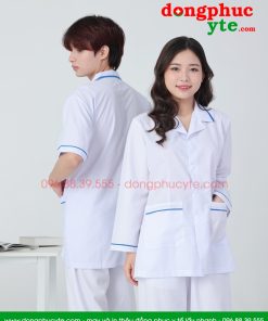 Áo blouse trắng nam nữ cộc tay, dài tay - áo blouse có viền xanh dương
