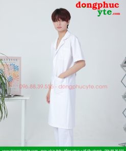 Áo blouse trắng nam - nữ cao cấp chuẩn form - Áo blu cộc tay, dáng dài cho bác sĩ, thẩm mỹ viện